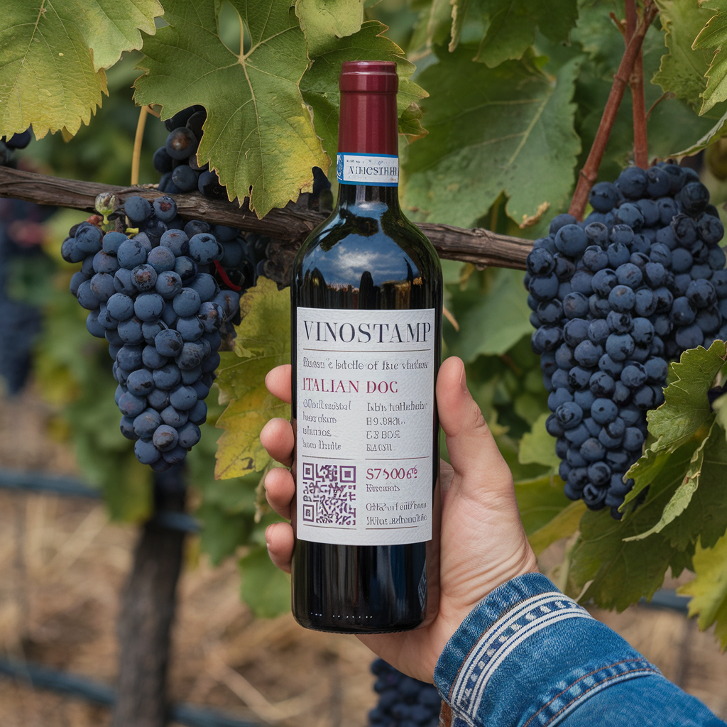 Premium wine bottle with VinoChain verification label